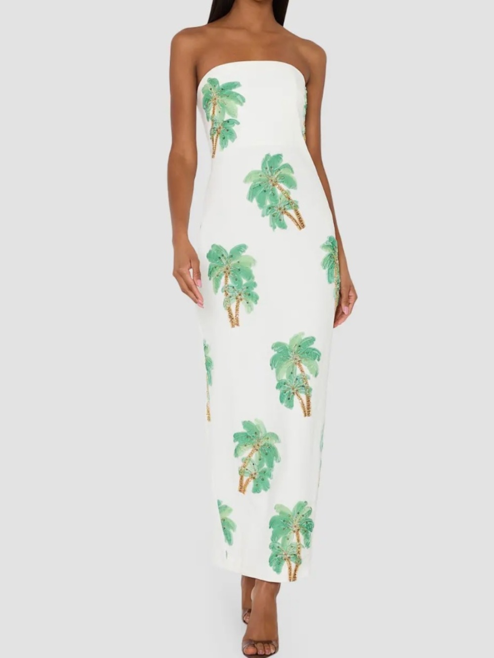 Milly  Clara Palm Embellished Strapless Maxi Dress
